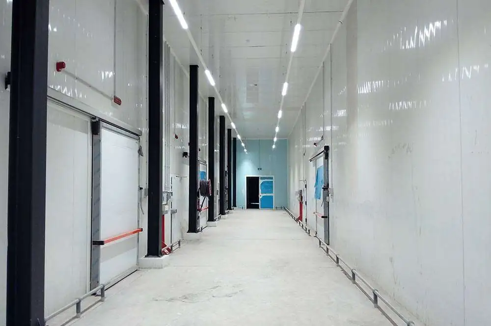 Couloir desservant des chambres froides de grand volume